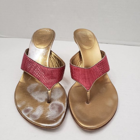 Gorgeous Gucci Runway Python Snakeskin Gold Kitten Heel Red Sandals 8.5 - Picture 10 of 16